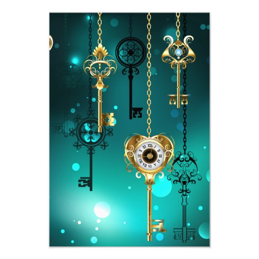 アンティークスケルトン鍵の緑の背景 フォトプリント            (正面)