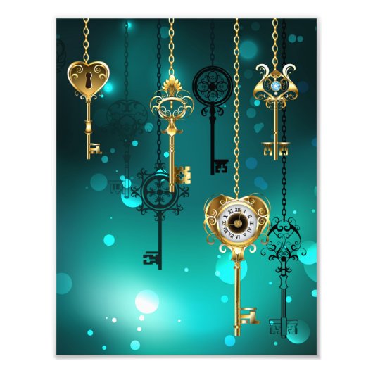 アンティークスケルトン鍵の緑の背景 フォトプリント            (正面)