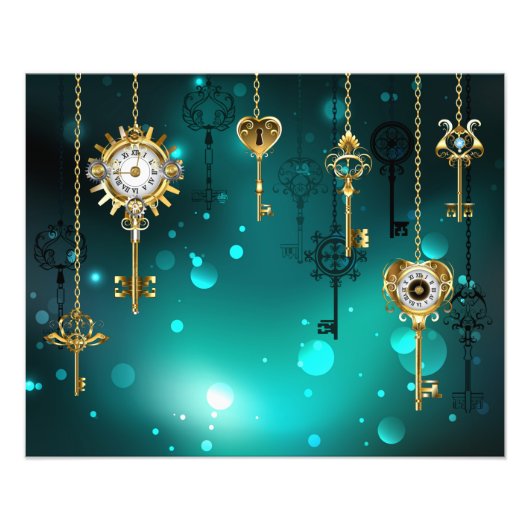 アンティークスケルトン鍵の緑の背景 フォトプリント            (正面)