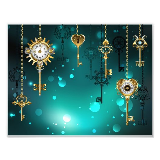 アンティークスケルトン鍵の緑の背景 フォトプリント            (正面)