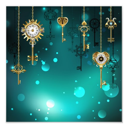 アンティークスケルトン鍵の緑の背景 フォトプリント            (正面)