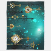 アンティークスケルトン鍵の緑の背景 フリースブランケット (正面)