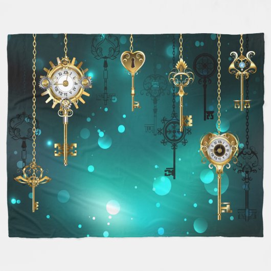 アンティークスケルトン鍵の緑の背景 フリースブランケット (正面(横))