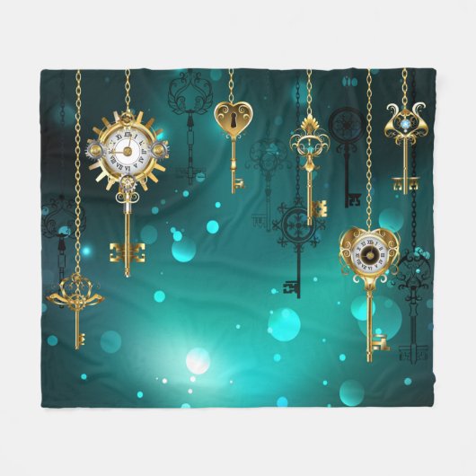 アンティークスケルトン鍵の緑の背景 フリースブランケット (正面(横))