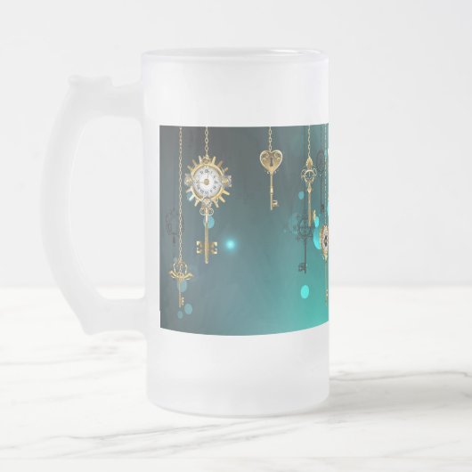 アンティークスケルトン鍵の緑の背景 フロストグラスビールジョッキ (左)