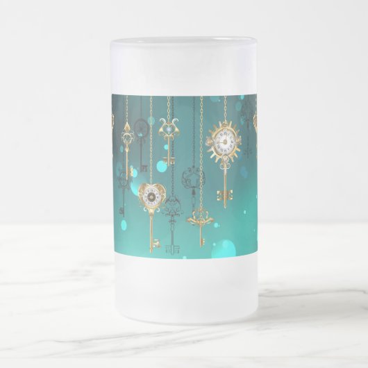 アンティークスケルトン鍵の緑の背景 フロストグラスビールジョッキ (中央)