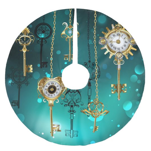 アンティークスケルトン鍵の緑の背景 ブラッシュドポリエステルツリースカート (正面)