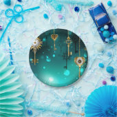 アンティークスケルトン鍵の緑の背景 ペーパープレート (パーティー)