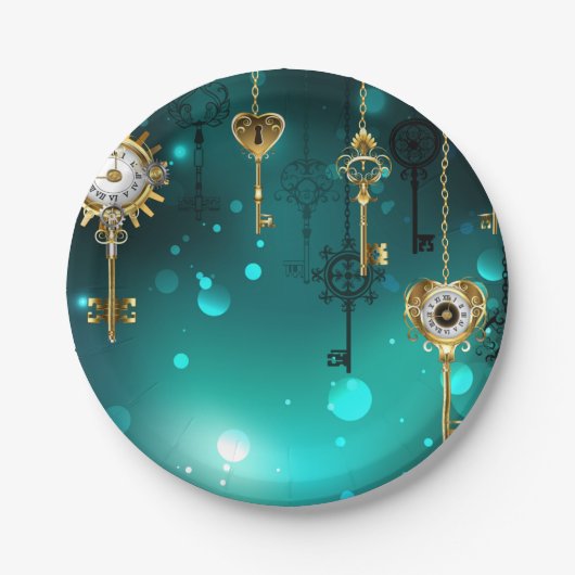 アンティークスケルトン鍵の緑の背景 ペーパープレート (正面)