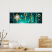 アンティークスケルトン鍵の緑の背景 ポスター (キッチン)