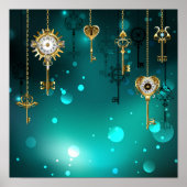 アンティークスケルトン鍵の緑の背景 ポスター (正面)