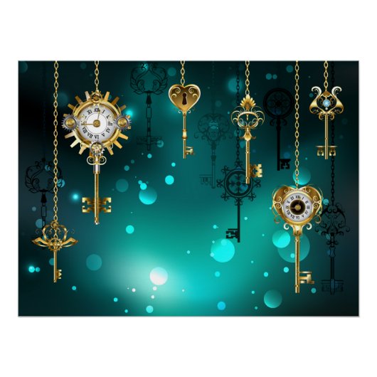 アンティークスケルトン鍵の緑の背景 ポスター (正面)