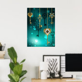 アンティークスケルトン鍵の緑の背景 ポスター (ホームオフィス)