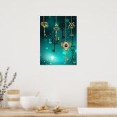 アンティークスケルトン鍵の緑の背景 ポスター (キッチン)