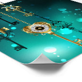 アンティークスケルトン鍵の緑の背景 ポスター (角)