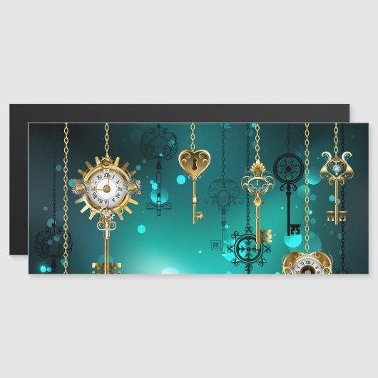 アンティークスケルトン鍵の緑の背景 マグネット招待状 (正面/裏面)