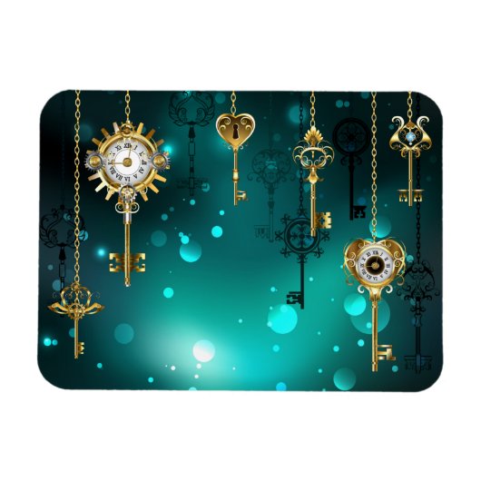 アンティークスケルトン鍵の緑の背景 マグネット (横)