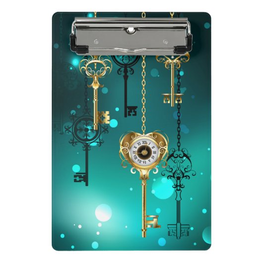 アンティークスケルトン鍵の緑の背景 ミニクリップボード (正面)