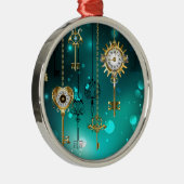 アンティークスケルトン鍵の緑の背景 メタルオーナメント (右)