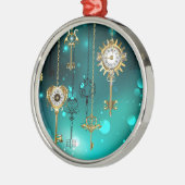 アンティークスケルトン鍵の緑の背景 メタルオーナメント (左)