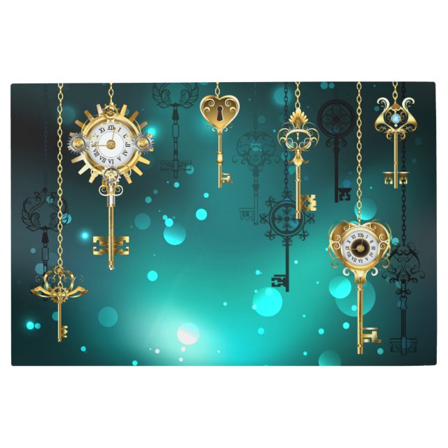 アンティークスケルトン鍵の緑の背景 メタルプリント (正面)