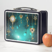 アンティークスケルトン鍵の緑の背景 メタルランチボックス (インサイチュ)