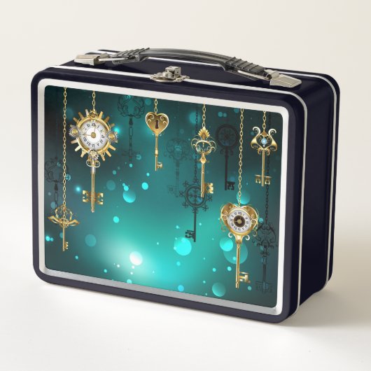 アンティークスケルトン鍵の緑の背景 メタルランチボックス (正面)