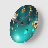 アンティークスケルトン鍵の緑の背景 ラウンド壁時計 (傾斜)