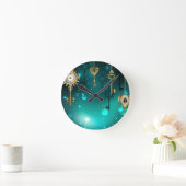 アンティークスケルトン鍵の緑の背景 ラウンド壁時計 (ホーム)