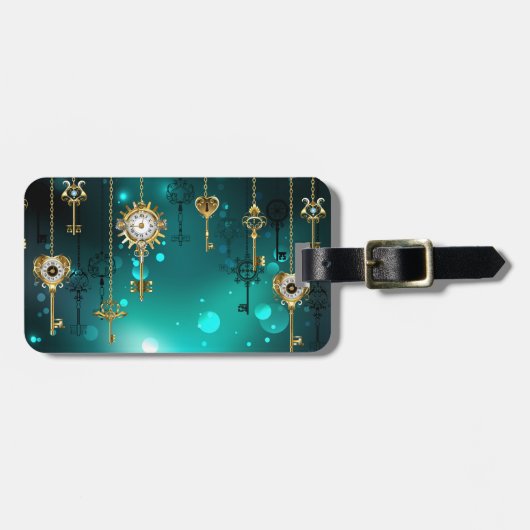 アンティークスケルトン鍵の緑の背景 ラゲッジタグ (正面横)