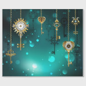 アンティークスケルトン鍵の緑の背景 ラッピングペーパー (フラット)