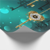 アンティークスケルトン鍵の緑の背景 ラッピングペーパー (角)