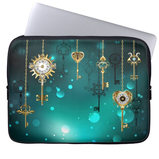 アンティークスケルトン鍵の緑の背景 ラップトップスリーブ (正面)