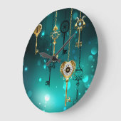 アンティークスケルトン鍵の緑の背景 ラージ壁時計 (傾斜)