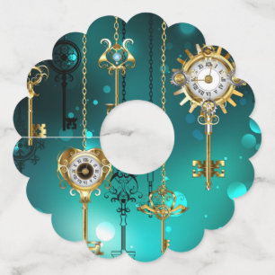 アンティークスケルトン鍵の緑の背景 ワイングラスタグ