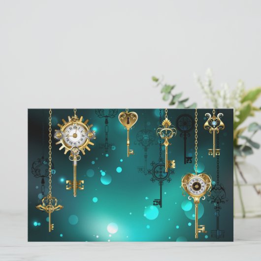 アンティークスケルトン鍵の緑の背景 便箋 (スタンド正面)