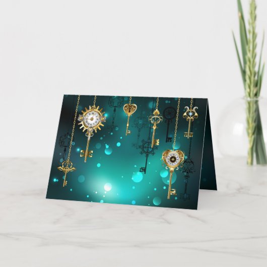 アンティークスケルトン鍵の緑の背景 招待状 (正面)