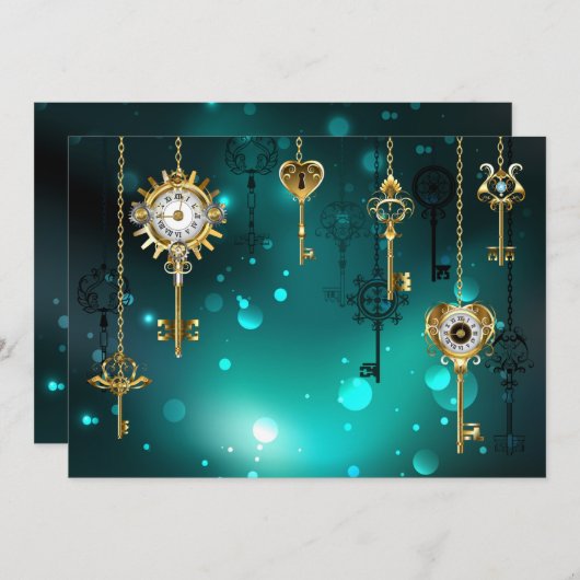 アンティークスケルトン鍵の緑の背景 招待状 (正面/裏面)