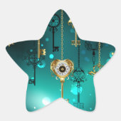 アンティークスケルトン鍵の緑の背景 星シール (正面)