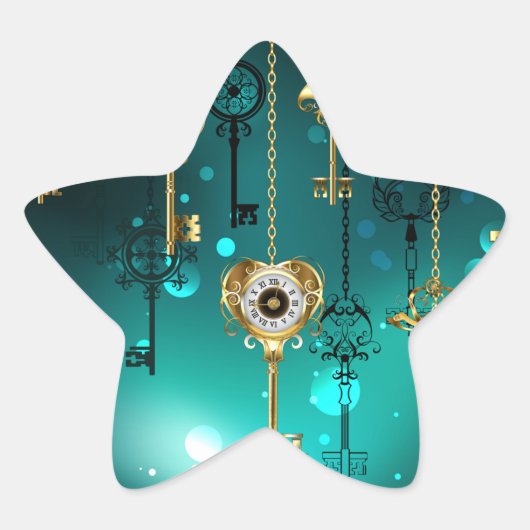 アンティークスケルトン鍵の緑の背景 星シール (正面)