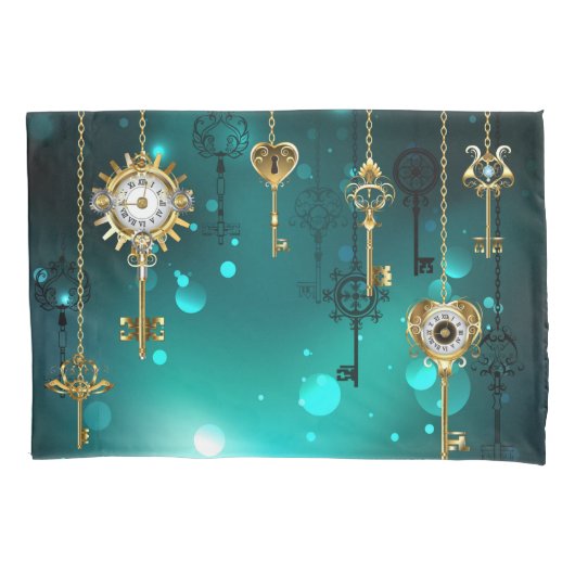 アンティークスケルトン鍵の緑の背景 枕カバー (正面)