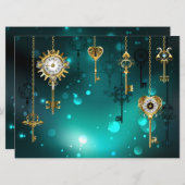 アンティークスケルトン鍵の緑の背景 案内状 (正面/裏面)