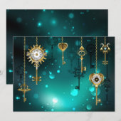 アンティークスケルトン鍵の緑の背景 案内状 (正面/裏面)