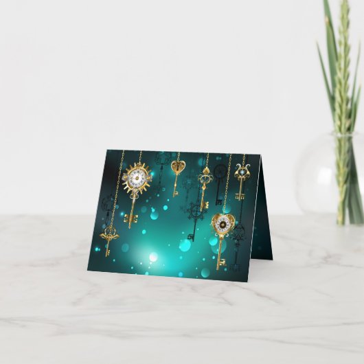 アンティークスケルトン鍵の緑の背景 案内状 (正面)