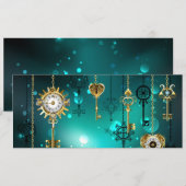 アンティークスケルトン鍵の緑の背景 案内状 (正面/裏面)