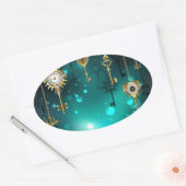 アンティークスケルトン鍵の緑の背景 楕円形シール (封筒)