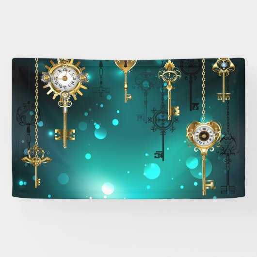 アンティークスケルトン鍵の緑の背景 横断幕 (横)