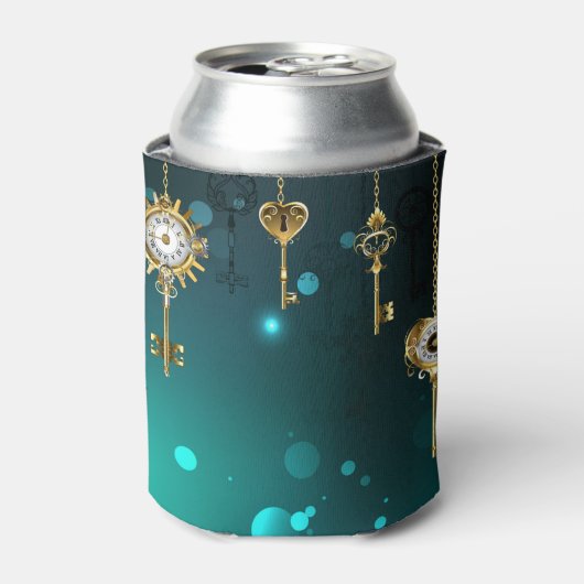 アンティークスケルトン鍵の緑の背景 缶クーラー (缶正面)