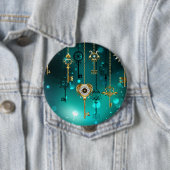 アンティークスケルトン鍵の緑の背景 缶バッジ (インサイチュ)