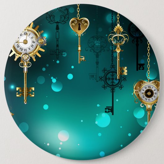 アンティークスケルトン鍵の緑の背景 缶バッジ (正面)